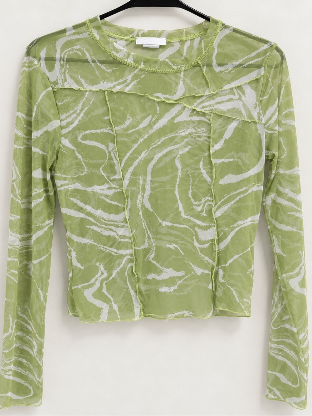 Persaya Light Green & White Wave-Print Sheer Long Sleeve Tee